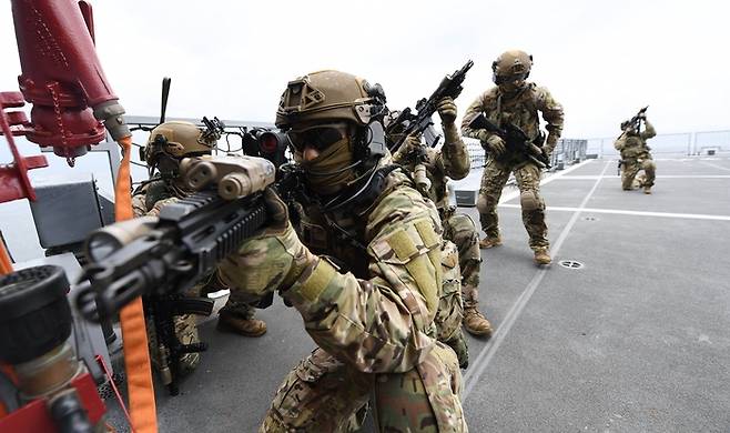 해상에서 훈련 중인 청해부대 대원들 모습. 정치권에서는 정부가 파병을 결정할 경우, 현재 아덴만에서 활동하는 청해부대가 투입될 가능성에 주목하고 있다. [해군 페이스북 캡처]