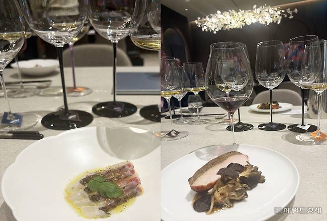 코폴라 와인과 함께 나온 ‘도미 크루도(왼쪽)’와 ‘닭가슴살’ 요리. 육성연 기자