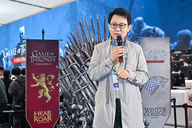 지난 2024년 11월 부산 벡스코에서 열린 지스타 2024에서 방준혁 넷마블·코웨이 의장이 발언하고 있다. [넷마블 제공]