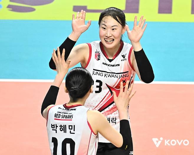 득점 후 기뻐하는 정관장의 박여름(뒤쪽) [한국배구연맹 제공. 재판매 및 DB 금지]