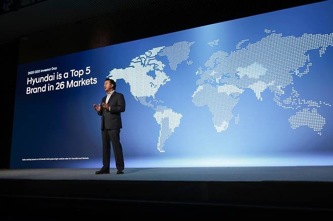 호세 무뇨스 현대차 대표이사사장이 ‘2025 현대차 CEO 인베스터 데이’에서 발표하고 있다./사진: 현대차 제공