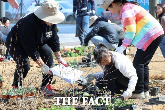 화성시민들이 21일 동탄여울공원 내 화성특별정원 조성에 참여하고 있다. /화성시