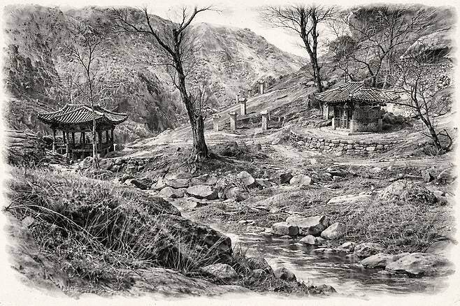 챗GPT에게 100여 년 전의 북한산 산영루와 비석거리의 사진을 보여주고 제작을 의뢰해 받은 그림. 김홍준 기자