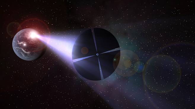 엔진 대신 돛을 사용하는 우주선인 ‘라이트 세일’ 개념도. 라이트 세일은 지구에서 레이저 광선을 발사해 속도를 높인다.  위키피디아