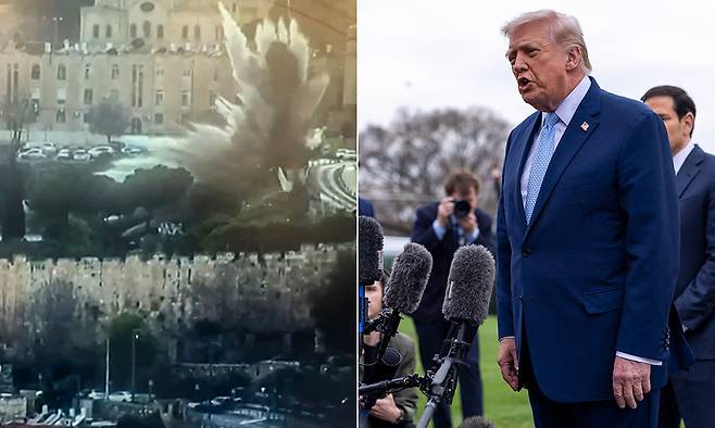 끝모를 타격전에도… 트럼프 “이란 끝장났다” 20일(현지시간) 이스라엘 예루살렘의 유명 ‘성지’ 바위의 돔 사원 인근 구시가지가 이란 미사일 공격을 받고 있다. 오른쪽 사진은 같은 날 미국 워싱턴 백악관 남쪽 잔디밭에서 도널드 트럼프 미국 대통령이 기자들과 질의응답하는 모습. 트럼프 대통령은 이날 취재진에게 “상대방을 초토화하고 있는 상황에서 휴전하지는 않는다. 군사적 관점에서 보면 그들은 끝장났다”고 강조했다. 예루살렘·워싱턴=AFP·EPA연합뉴스