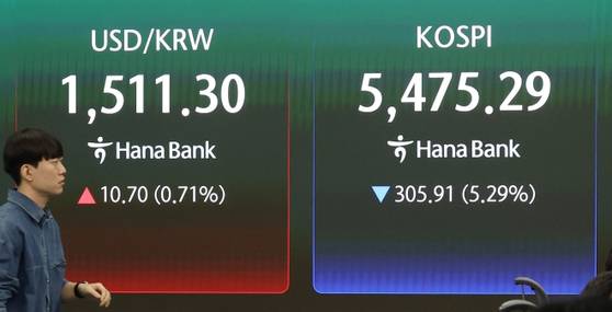 23일 서울 중구 하나은행 본점 딜링룸 전광판에 코스피와 원/달러 환율이 표시돼 있다. 〈사진출처=연합뉴스〉