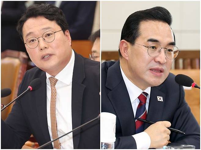 천하람 개혁신당 원내대표가 23일 오전 서울 여의도 국회에서 열린 재정경제기획위원회의 박홍근 기획예산처 장관 후보자 인사청문회에서 질의를 하고 있다. 오른쪽은 박홍근 기획예산처 장관 후보자. ⓒ 뉴시스, 데일리안 홍금표 기자