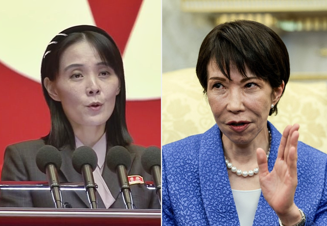 왼쪽부터 북한 김여정 조선노동당 부장, 다카이치 사나에 일본 총리.[조선중앙TV 화면·로이터 연합뉴스 사진 갈무리]
