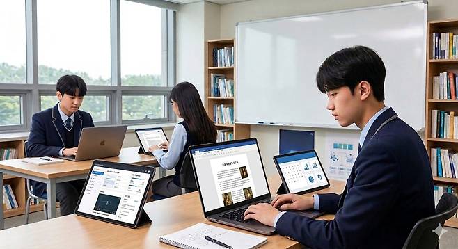 학생들이 인공지능(AI)을 활용해 공부하는 모습을 생성AI로 만들었다. 이미지 나노바나나