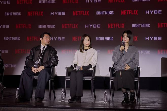 3월 20일 서울 광화문 씨네큐브에서 넷플릭스 다큐멘터리 'BTS 더 리턴' 기자간담회가 열렸다. 왼쪽부터 감독 바오 응우옌, 프로듀서 제인 차 커틀러, 김현정 빅히트 뮤직 VP(부사장). 사진 넷플릭스