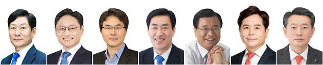 ▲&nbsp;왼쪽부터 강병덕(민) 당 대표 정책특보, 오후석(민) 경기도 행정 2부지사, 서정완(민) 대통령실 행정관, 오수봉(민) 전 하남시장, 이현재(국) 현 하남시장, 금광연(국) 현 하남시의회 의장, 한태수(국) 전 하남신문 대표