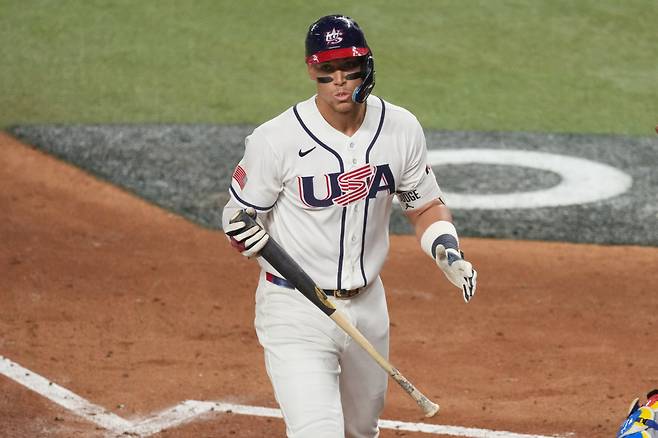 United States Aaron Judge gestures after striking out during the fourth inning in the championship game of the World Baseball Classic against Venezuela, Tuesday, March 17, 2026, in Miami. (AP Photo/Lynne Sladky)
<저작권자(c) 연합뉴스, 무단 전재-재배포, AI 학습 및 활용 금지>