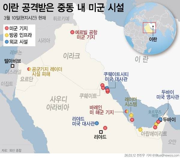 11일(현지 시간) 외신에 따르면 위성 이미지와 소셜미디어 영상, 미국 관리 및 이란 국영언론 발표 등을 종합해 분석한 결과, 이란이 미국과 이스라엘의 공습에 대한 보복으로 중동 전역의 미군 기지와 외교 시설 등을 공격하면서 최소 17곳의 미국 관련 시설이 피해를 입은 것으로 나타났다. 사진=뉴시스