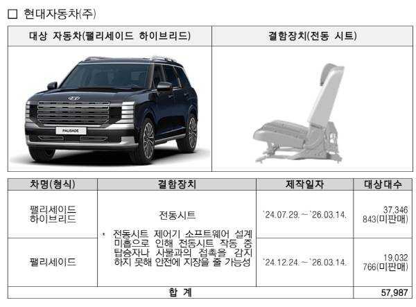 현대자동차 팰리세이드 시정조치(리콜) 이유.