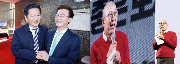 더불어민주당 전재수 의원이 24일 국회에서 정청래 대표를 만나 부산 글로벌허브도시 조성에 관한 특별법안 처리를 요청하고 있다. 오른쪽 사진은 박형준 부산시장이 이날 사직실내체육관 주경기장에서 열린 ‘시민과 함께하는 소통·공감 부산시정보고회‘에서 발표하는 모습. 전민철 기자·연합뉴스