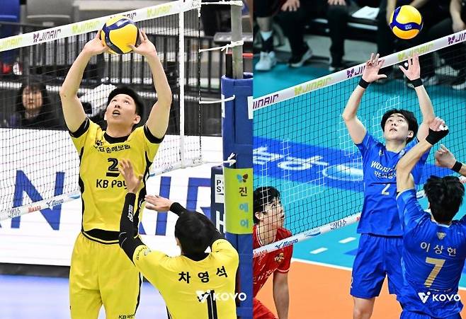 토스하는 KB손보의 황택의(왼쪽)와 우리카드의 한태준 [한국배구연맹 제공. 재판매 및 DB 금지]