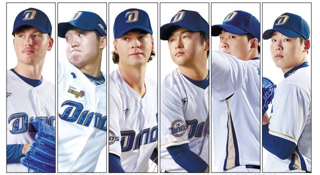 NC 다이노스 선발로 낙점된 라일리 톰슨(왼쪽부터), 구창모, 커티스 테일러, 토다 나츠키, 신민혁. 라일리 부상으로 추가가 예상되는 김태경(오른쪽 첫 번째)./NC다이노스/