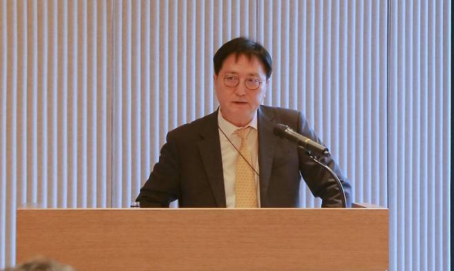 박상신 DL이앤씨 대표이사가 서울 강서구 본사에서 열린 제5기 정기 주주총회에서 인사말을 하고 있다. 사진=DL이앤씨