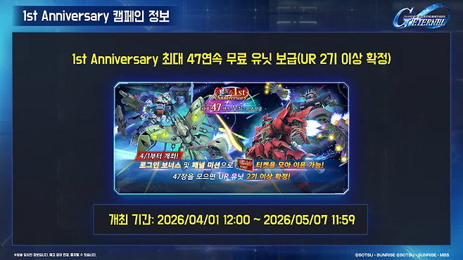 무료 유닛 보급 행사로 UR 유닛 2기 이상 확정 획득할 수 있다(출처=공식 방송 캡처).