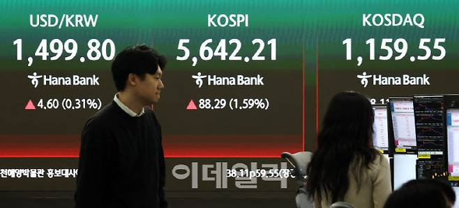 코스피가 5,640선에서 상승 마감한 25일 서울 중구 하나은행 본점 딜링룸에서 딜러들이 업무를 보고 있다. (사진=이데일리 방인권 기자)