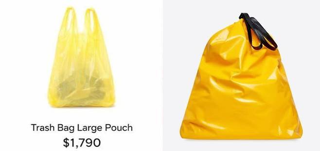 최근 SNS에서 공유된 '쓰레기 봉투 파우치'(왼쪽)과 실제 발렌시아가 2022 F/W 제품으로 출시된 '쓰레기 파우치' 사진. /사진=SNS, 발렌시아가 공식 홈페이지 갈무리, 뉴시스