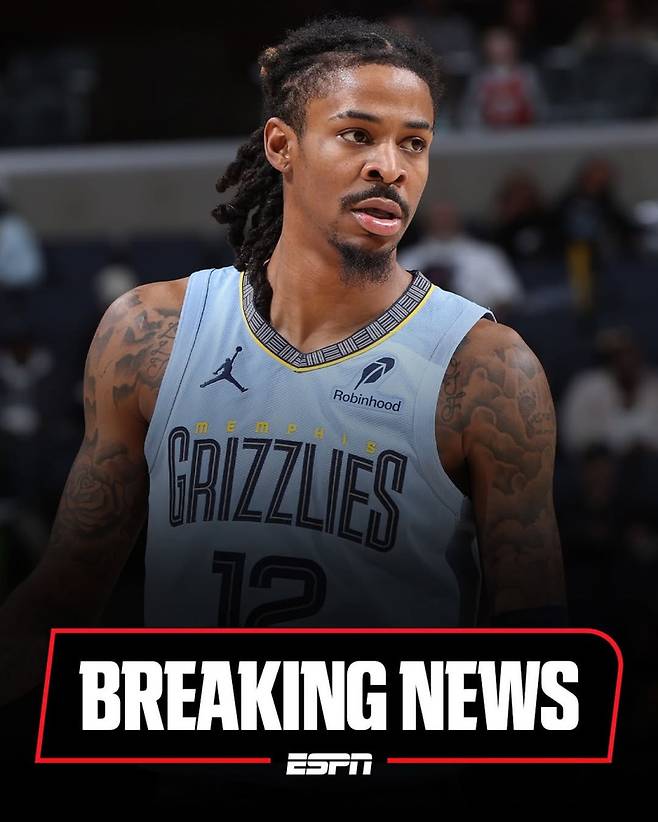 멤피스 가드 모란트가 왼 팔꿈치 부상으로 시즌 아웃 판정을 받았다. 사진=ESPN