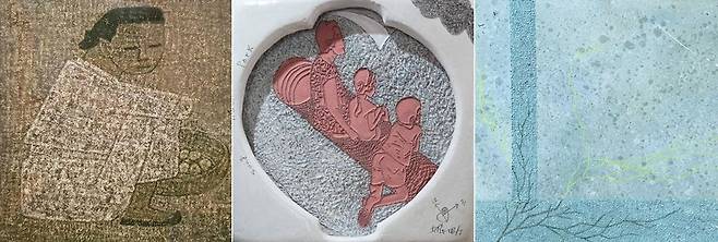 왼쪽부터 박수근의 ‘시장의 여인’(1960년대), 박성남의 ‘kenosis-태극태극 놀던 달아’(2026), 박진흥의 ‘빛방울이 떨어진 나날들’(2026). 3대에 걸친 작가의 작품. /갤러리나우 제공