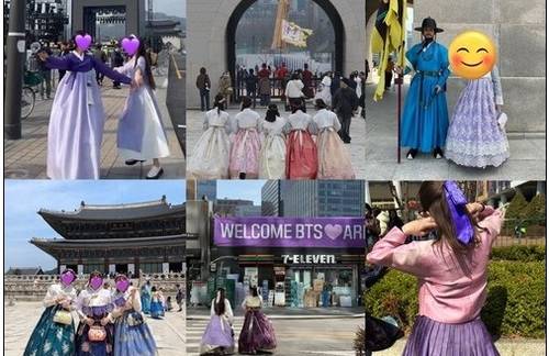 엑스에 올라온 한복 입은 방탄소년단 팬덤 '아미'의 모습 BTS 컴백 콘서트에 맞춰 한국을 찾은 아미들의 얼굴이 BTS의 상징색인 보라색 하트 스티커로 가려진 사진들.
[엑스 이용자 'btsdaily77' 사진 캡처. 재판매 및 DB 금지]