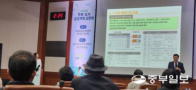 박합수 건국대 부동산대학원 겸임교수(박합수부동산연구소 대표)가 26일 성남시 분당구 LH 경기남부지역본부 오리사옥에서 열린 '2026 주택·토지 공급계획 설명회'에서 부동산시장 전망에 대해 강연하고 있다. 신연경기자