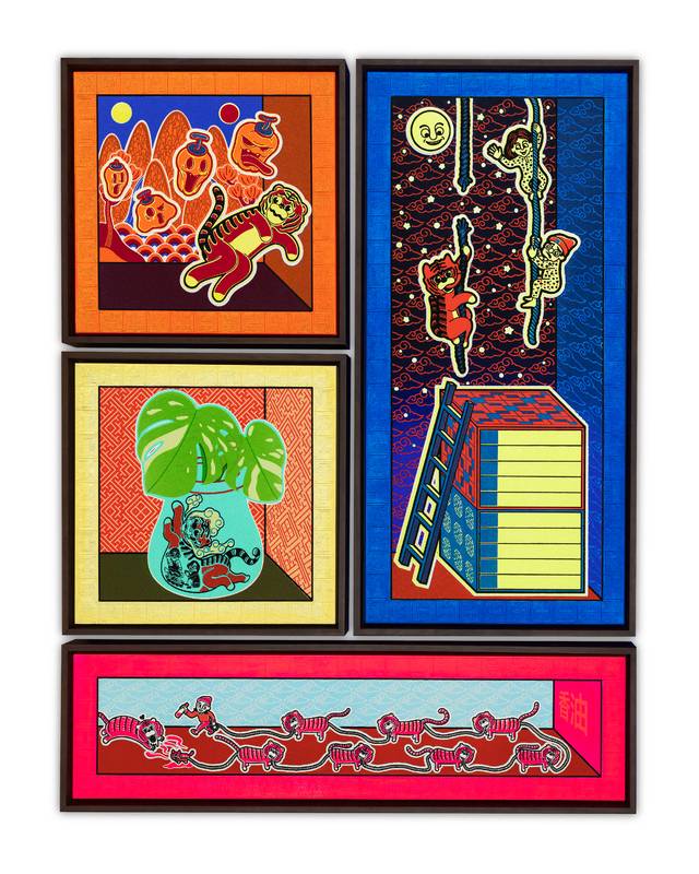 정승원 작, '책가도' 연작, 한지에 실크스크린, 112x85cm, 2022. 인당뮤지엄