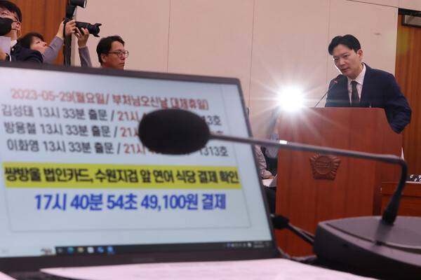 22일 국회 법제사법위원회에서 열린 '건진법사 관봉권 띠지' 분실 관련 검찰개혁 입법청문회에서 박상용 수원지검 부부장검사가 대북송금 수사 '연어 술파티' 의혹에 대해 부인하고 있다. 2025.9.22. 연합뉴스