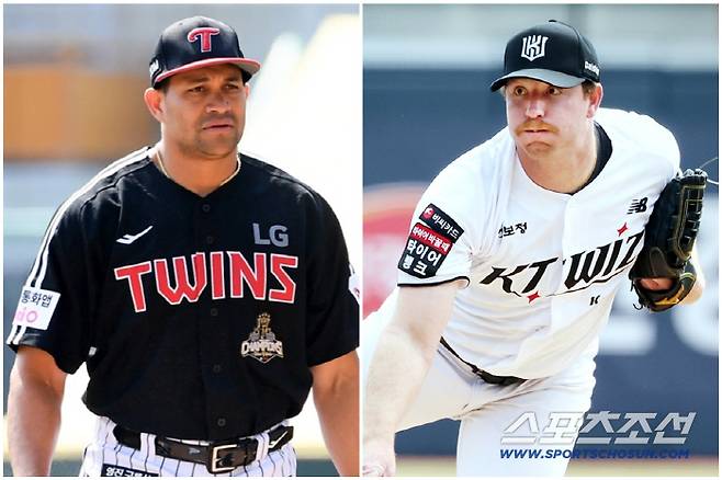 LG 트윈스 요니 치리노스(왼쪽)과 KT 위즈 맷 사우어. 스포츠조선DB/KT위즈