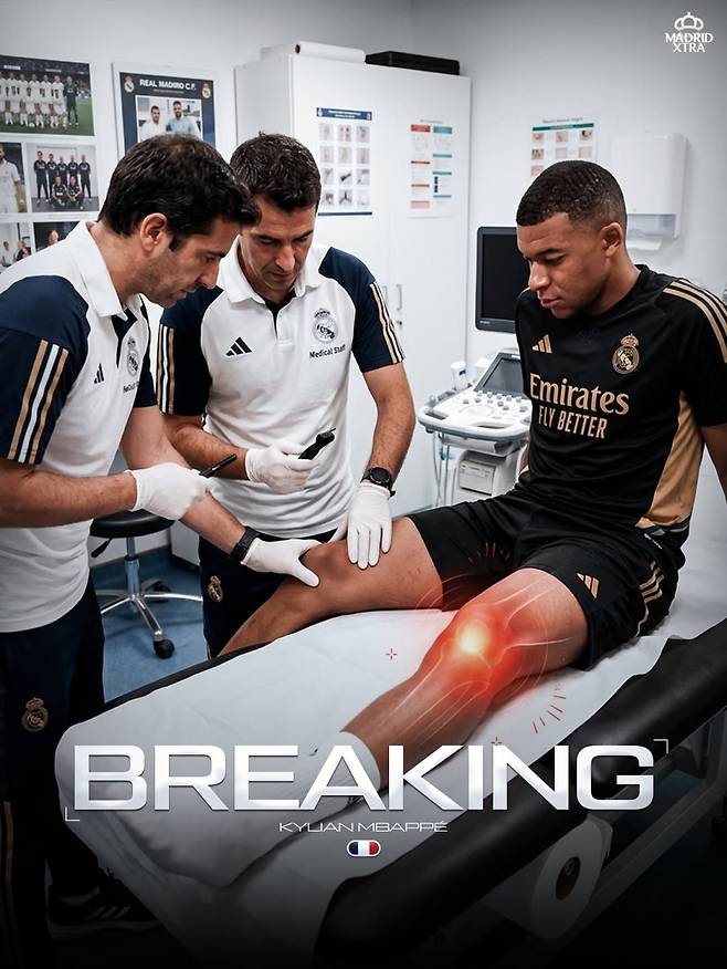 레알 음바페가 지난해 12월 부상 당시 잘못된 검진 결과로 인해 추가로 경기에 나섰다가 다시 다쳤다는 보도가 루머라고 반박했다. 사진은 해당 사건을 조명한 SNS에 게시된 합성 사진. 사진=마드리드 엑스트라
