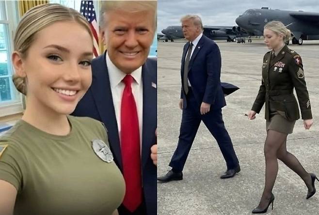 도널드 트럼프 미국 대통령과 함께 찍은 사진으로 주목받은 ‘여군 인플루언서’가 인공지능(AI)으로 생성된 가짜 인물로 드러났다. 인스타그램 캡처