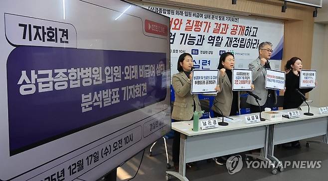 지난해 12월 경제정의실천시민연합이 상급종합병원 45곳을 대상으로 2021~2023년 3년간 비급여 실태를 분석한 결과를 발표하고 있다. 연합뉴스 제공