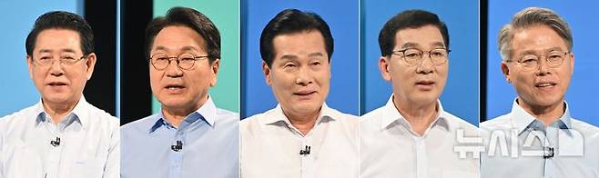 [광주=뉴시스] 민주당 전남광주통합특별시장 본경선 후보. 왼쪽부터 기호 1번 김영록, 기호 2번 강기정, 기호 4번 주철현, 기호 5번 신정훈, 기호 6번 민형배. (사진 = 뉴시스 DB) 2026.03.20. photo@newsis.com