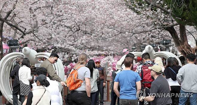 반소매 티셔츠 입고 진해군항제 구경 (창원=연합뉴스) 김동민 기자 = 국내 최대 봄꽃 축제인 '진해군항제' 개막일인 27일 오후 경남 창원시 진해구 여좌천 일대를 찾은 관광객이 벚꽃을 구경하며 봄기운을 만끽하고 있다.
이날 진해구 최고기온은 22도를 기록했다. 2026.3.27 image@yna.co.kr