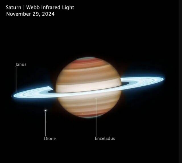 2024년 11월 29일 JWST가 촬영한 토성의 적외선 이미지. 토성의 대기와 고리의 세부적인 모습을 보여준다. (이미지= NASA, ESA, CSA, STScI, Amy Simon (NASA-GSFC), Michael Wong (UC Berkeley))