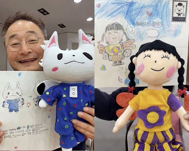 고마저씨가 만든 날개 단 휠체어에 앉은 소녀 인형(왼쪽 사진)과 휴대폰을 든 아빠 고양이 인형. /고마컴퍼니