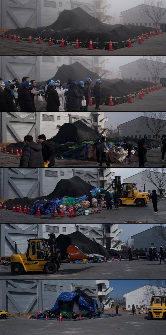 6주에 걸쳐 기체 잔해물 재조사 현장의 변화 과정을 기록했다(위부터 아래 순서). 검은 천막이 점차 걷히며, 15개월간 쓰레기처럼 방치됐던 기체 잔해와 희생자들의 흔적이 세상 밖으로 모습을 드러내고 있다. 무안=하상윤 기자