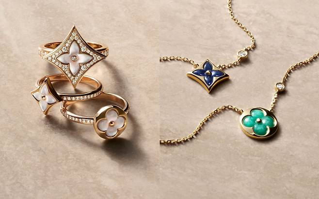 루이 비통의 상징 중 하나인 모노그램 패턴에 있는 해, 별, 꽃 모티프를 주제 삼아 선보이는 컬러 블라썸 파인 주얼리 컬렉션. 사진 루이 비통