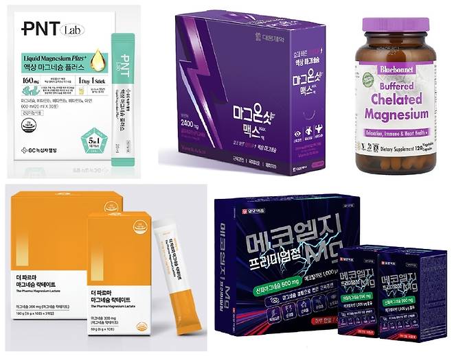 전문가들이 추천하는 다양한 마그네슘 제품들. 소량으로 식사와 함께 복용하면 위장관 통과 시간을 늦추고 단백질과 특정 지방산이 마그네슘 흡수를 촉진하며, 설사 같은 부작용 위험도 줄여준다. [각 사 홈페이지]