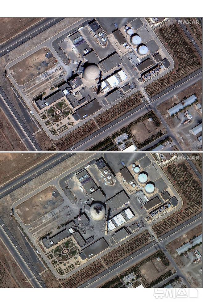[아라크=AP/뉴시스] 맥사 테크놀로지스가 지난해 6월18일(현지 시간) 제공한 위성 조합 사진에 이스라엘의 공습 이전, 이란의 아라크 중수로 시설(위)과 공습 이후의 모습(아래)이 보인다. 2026.03.28