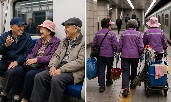 출퇴근 시간대 노인 무임승차 제한을 둘러싸고 ‘교통 혼잡·재정 부담’과 ‘노인 이동권·생계’ 주장이 정면 충돌하고 있다.&nbsp;위 사진은 기사 이해를 돕기 위해 AI(인공지능)를 활용해 생성한 가상의 이미지. Chat GPT 생성