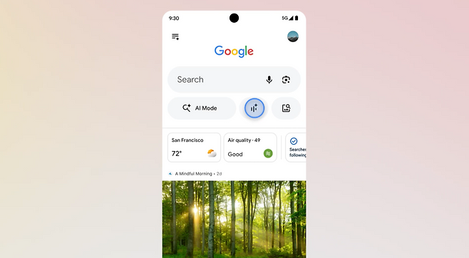 구글 앱 화면에서 AI 모드 우측에 위치한 ‘라이브’ 아이콘을 누르면 서치 라이브를 이용할 수 있다. 사진 제공=구글