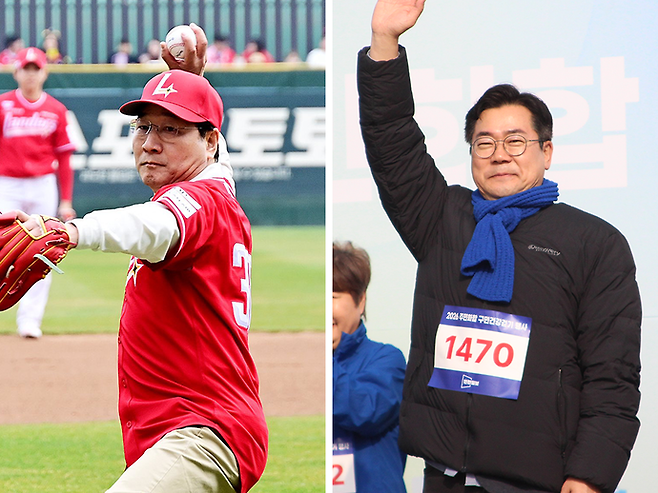29일 미추홀구 랜더스필드에서 열린 SSG 홈경기 시구에 나선 유정복 인천시장(왼쪽), 지난 28일 동구 동인천 북광장에서 열린 '2026 주민화합 구민건강걷기' 행사에 참석한 박찬대 더불어민주당 국회의원. 사진=유정복 시장 페이스북·박찬대 캠프