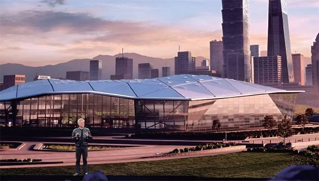 젠슨 황 엔비디아 최고경영자(CEO)는 2025년 5월 19일 대만 타이베이에서 열린 컴퓨텍스 2025 기조연설에서 대만에 설립할 엔비디아 해외 본부 사옥 조감도를 공개했다. /사진 엔비디아