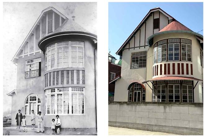 (왼쪽)대전 대흥동에 위치한 신축 당시의 뾰족집과 와타나베 이와지 가족들. (오른쪽) 이전 및 복원된 뾰족집. 대전시 제공