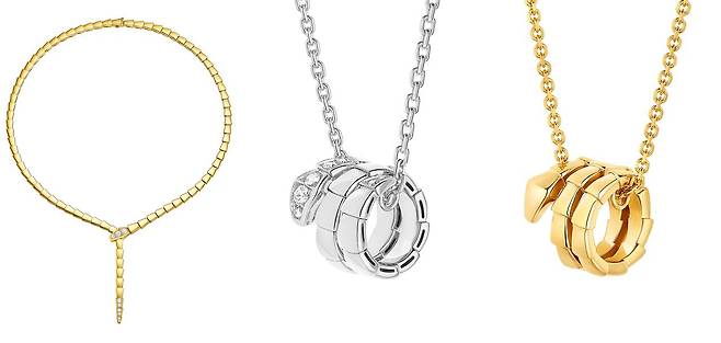 왼쪽부터 세르펜티 바이퍼 네크리스, 세르펜티 바이퍼 미니 펜던트 네크리스 옐로 골드 버전, 세르펜티 바이퍼 펜던트 네크리스 화이트 골드 버전. 세르펜티 바이퍼 네크리스는 뱀의 형상을 네크리스로 풀어냈다. 사진 불가리