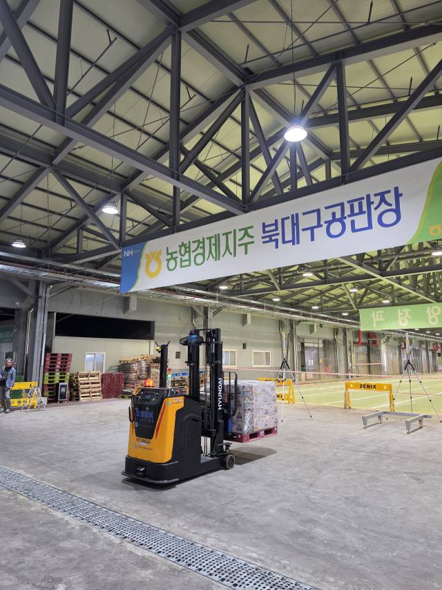 30일 오후 대구 북구 농수산물도매시장에서 무인 지게차가 과일 상자를 적재한 파렛트를 옮기고 있다. 정우태 기자